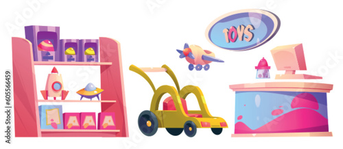 Cartoon set of toy shop furniture isolated on white background. Vector illustration of shelf with rockets, boxes with gifts for children, computer on cash desk, store signboard, car trolley for kids