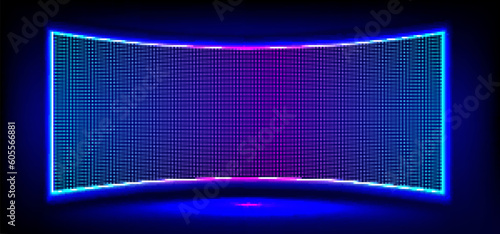 Realistic concave LED screen on wall or stage. Vector illustration of large TV display with glowing neon blue, purple dot lights on black background. Digital score panel with diode lamps for stadium