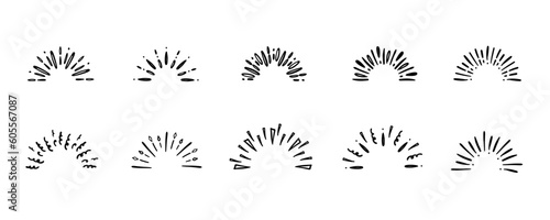 Starburst hand drawn elements. Circle sunburst doodle drawing, framed design, badge or label decor. Abstract outline burst, star or firework, explosion or light rays. Vector isolated icons set