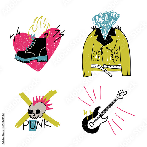 Punk music emblem. Hand drawn rock music stickers. Leather jacket, boots and guitar. Grunge graffiti, skull with mohawk and anarchy symbol. Colorful cartoon isolated vector illustration set