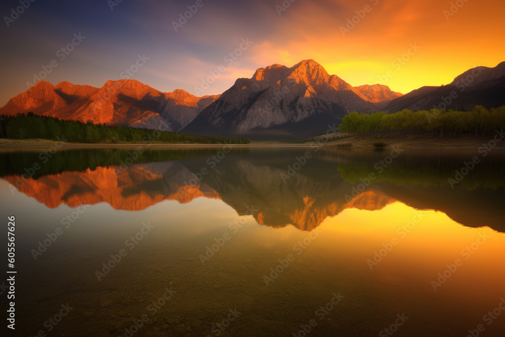a beautiful sunset over a lake with mountains in the background