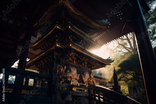close-up of intricate details in japanese pagoda  with rays of light shining through  created with generative ai
