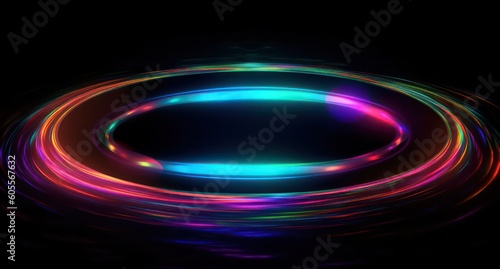 Rainbow or neon ellipse isolated against the black background. Created with generative AI technology.