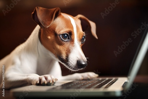 Curious Jack Russell Terrier Peering at a Laptop. Generative AI ©  Creative_studio