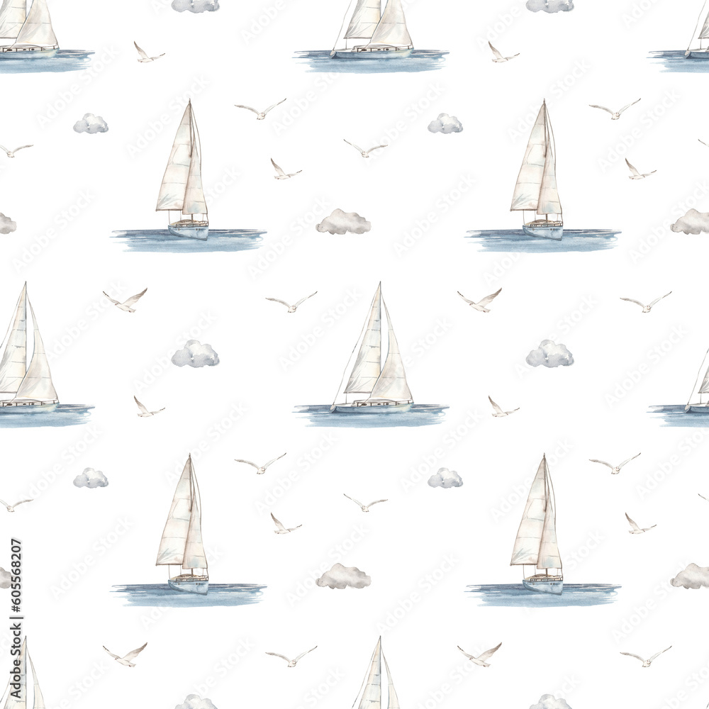Watercolor seamless pattern with yacht, sailboat, sea, seagulls, clouds on a white background, nautical pattern