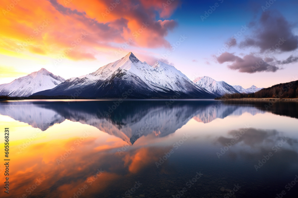 the landscape of the lake with snowy mountain background