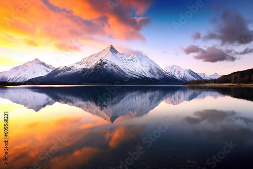 the landscape of the lake with snowy mountain background
