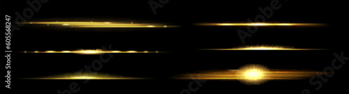 Realistic set of golden light lines isolated on transparent background. Vector illustration of yellow LED lamp shine, shimmering sunrise flash on horizon, magic energy effect, sunshine divider