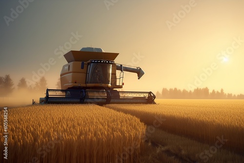 a large combine harvester in the midst of a wheat field, painted yellow Generative AI