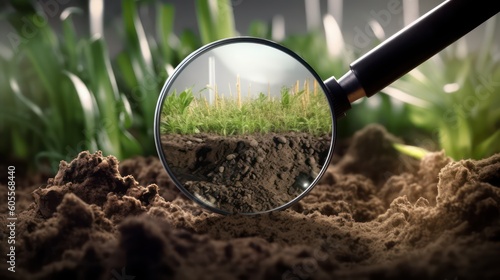 Soil seen through a magnifying glass, focusing on the soil pollution. Created with generative AI technology.
