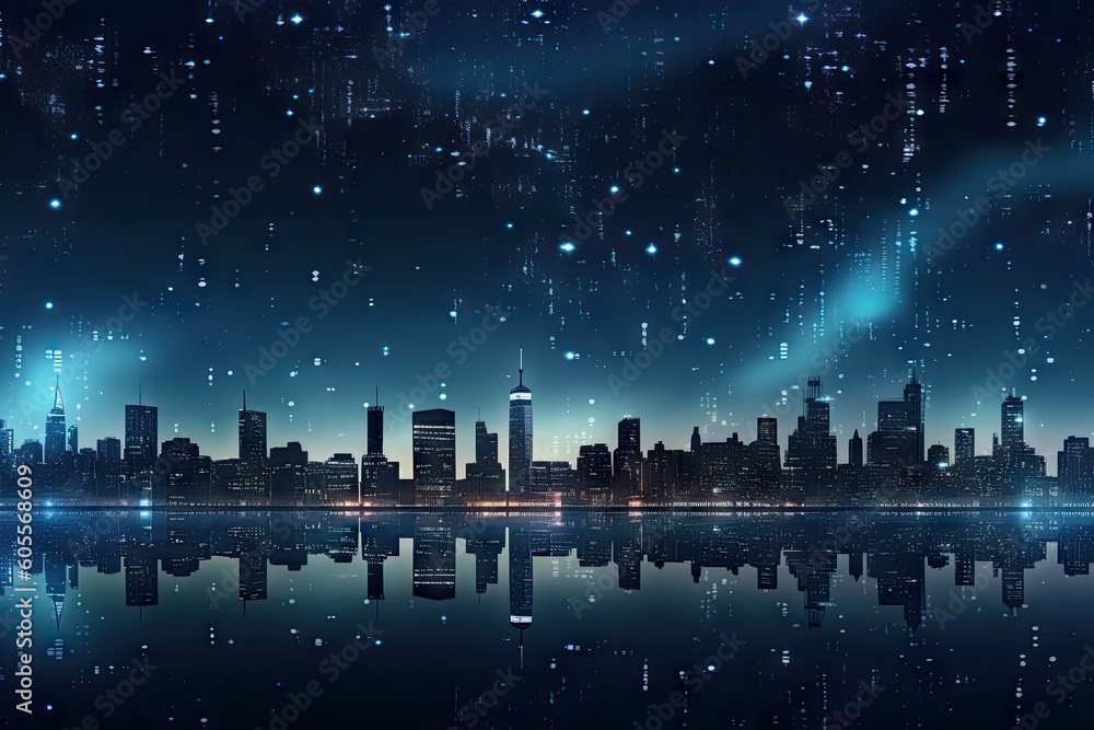 starry night sky with shining stars and futuristic city in the background, created with generative ai