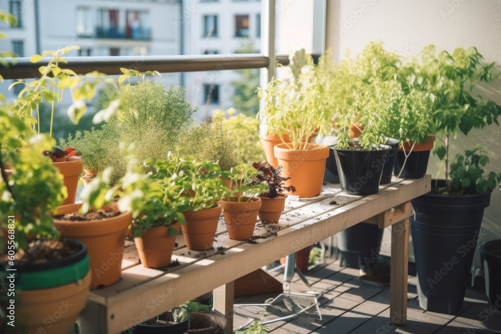 gardening tools, growing plants, and potted herbs in the city, created with generative ai