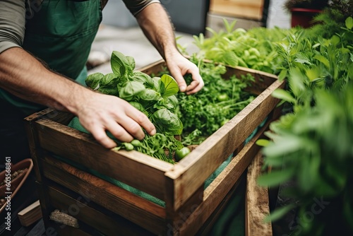 urban gardener harvesting fresh vegetables and herbs for dinner, created with generative ai