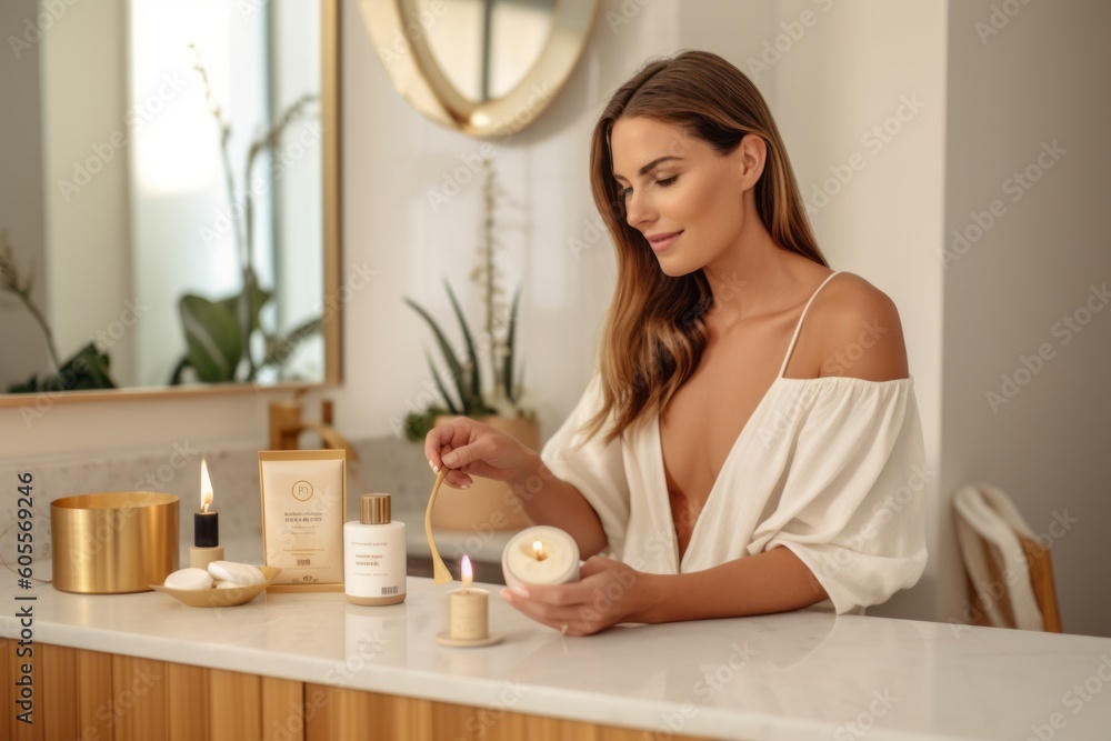 An elegant woman in a cozy bathroom setting, using a waxing kit , portraying the convenience and comfort of at-home waxing. Generative Ai An elegant woman in a cozy bathroom setting, using a waxing kit , portraying the convenience and comfort of at-home waxing. Generative Ai