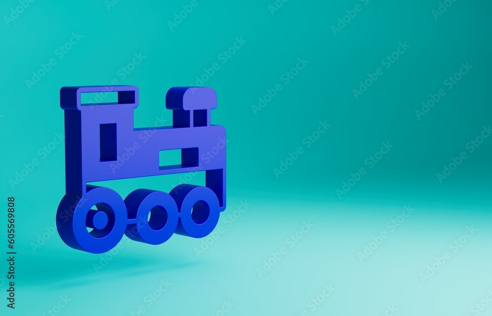 Fototapeta premium Blue Toy train icon isolated on blue background. Minimalism concept. 3D render illustration