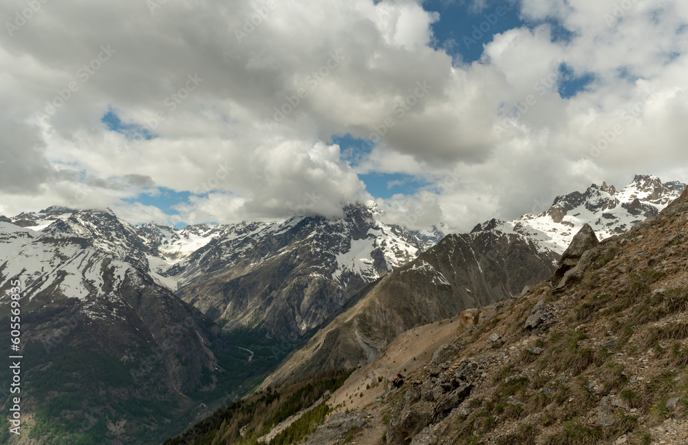 View of La Blanche and Mont Pelvoux from the climb to the Vallouise pass in the Ecrins massif