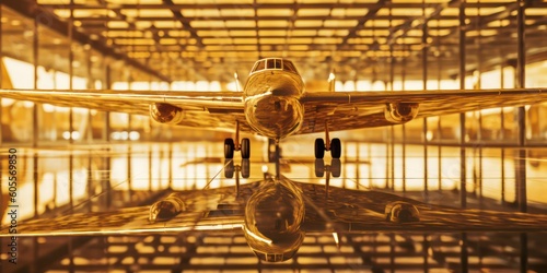 An airplane displayed in a spacious hall made of glass, illuminated by warm light. Created with generative AI technology.