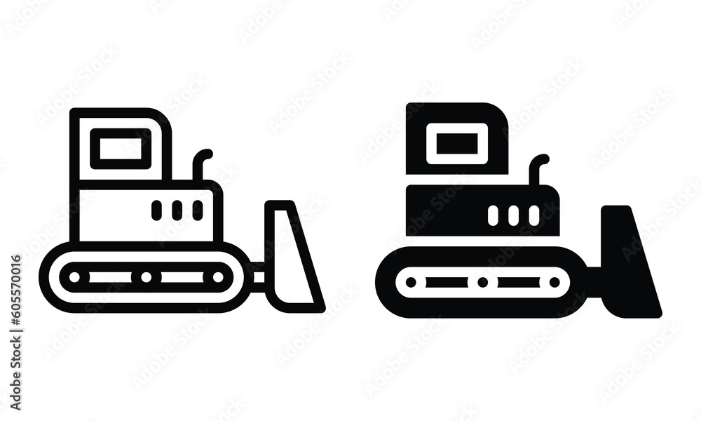 Bulldozer icon with outline and glyph style. Bulldozer icon with outline and glyph style.