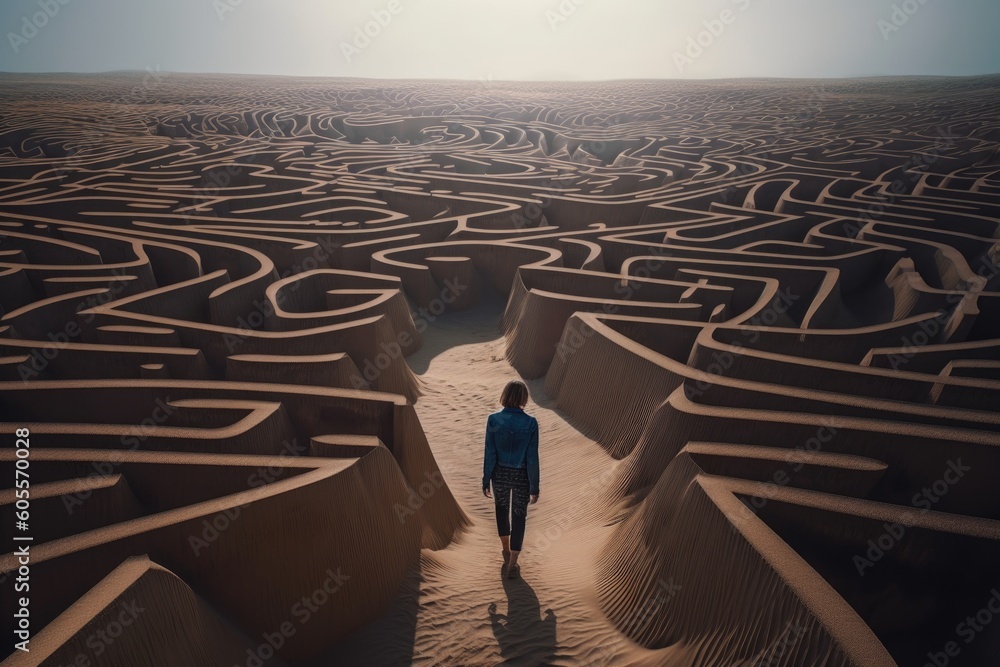 traveler, lost in a maze of abstract and surreal landscapes, with no visible way out, created with generative ai