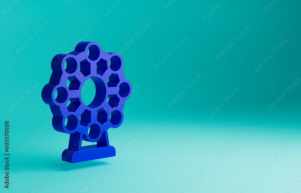 Blue Ferris wheel icon isolated on blue background. Amusement park. Childrens entertainment playground, recreation park. Minimalism concept. 3D render illustration