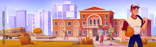 High school students on campus in autumn. Vector cartoon illustration of college building, bus for kids, happy teenagers talking after classes, athletic young man smiling, cityscape in background