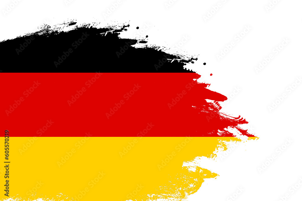 Germany flag on a stained stroke brush painted isolated white background with copy space Germany flag on a stained stroke brush painted isolated white background with copy space