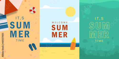 summer scene design with beach, sky and undersea scene. Summer time theme flat design vector illustration. for banner, poster, social media, promotion