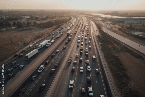 aerial view of busy highway, with cars and trucks moving in both directions, created with generative ai