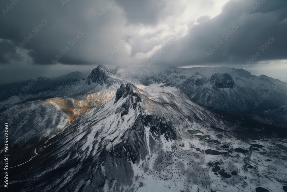 drone flight over snowy mountain range, with dramatic storm clouds in the background, created with generative ai drone flight over snowy mountain range, with dramatic storm clouds in the background, created with generative ai
