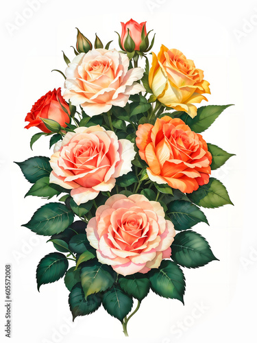 Colorful roses on white background, watercolor style. Bud and flowers of roses on white background, watercolor hand drawing, botanical painting