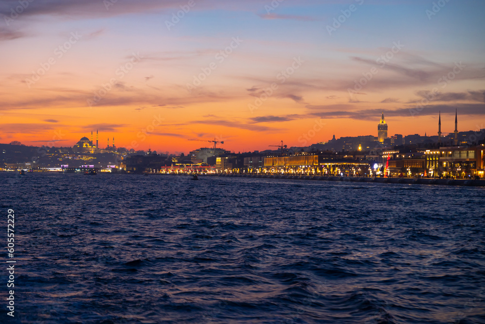Istanbul view at sunset. Istanbul cityscape from a ferry.