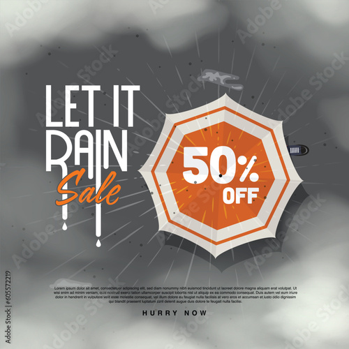 Monsoon sale offer written on umbrella. man walking with umbrella under heavy rain and clouds