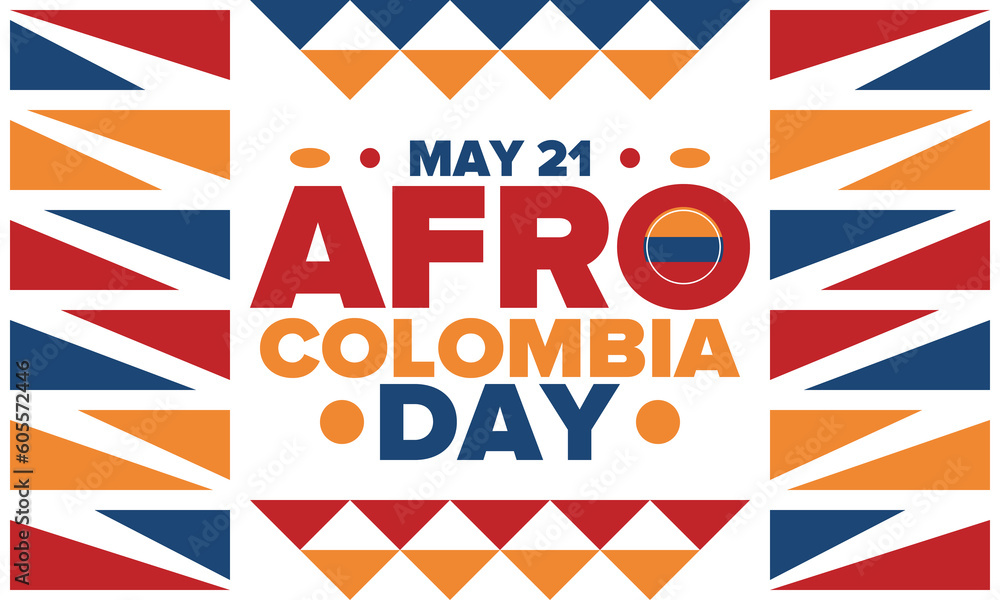 Afro-Colombian Day in Colombia. Celebrate annual in May 21. Freedom day poster. National holiday. Colombian flag. Afro-Colombian culture, history and heritage. Tradition pattern. Vector illustration