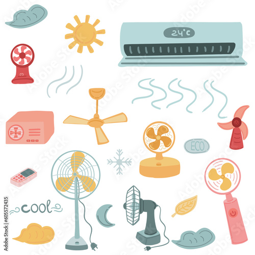 Set of fan electrical and manual AC air condition flat design