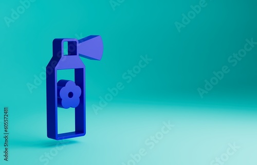 Blue Air freshener spray bottle icon isolated on blue background. Air freshener aerosol bottle. Minimalism concept. 3D render illustration