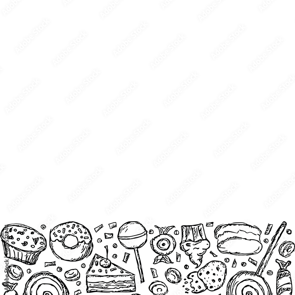 Obraz premium Drawn sweets background. Doodle food illustration with sweets and place for text