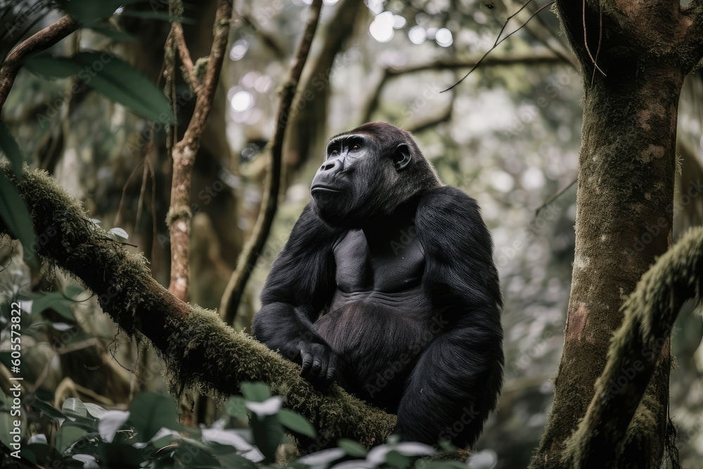 Obraz premium gorilla sitting on tree branch, peering down at its surroundings, created with generative ai