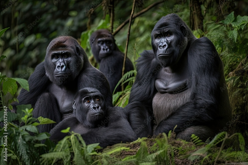 a family of gorillas in the rainforest, with mother and father protecting their young, created with generative ai a family of gorillas in the rainforest, with mother and father protecting their young, created with generative ai