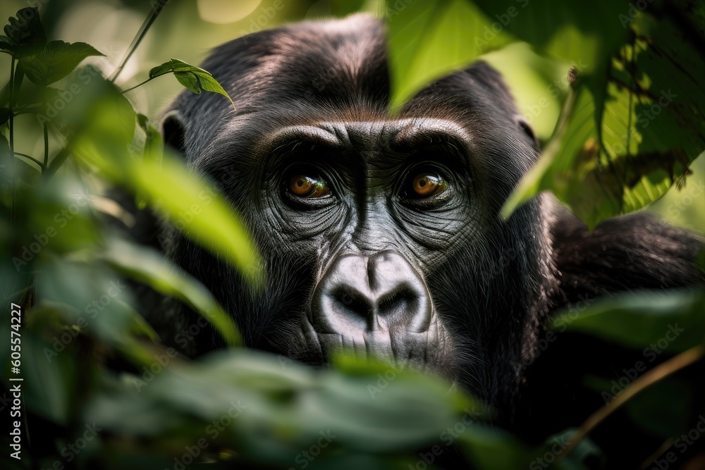 gorilla, peering through the trees and bushes with its keen eyes, created with generative ai gorilla, peering through the trees and bushes with its keen eyes, created with generative ai