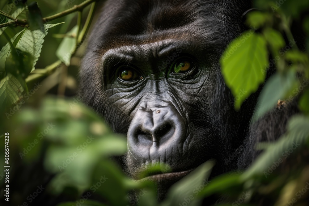 gorilla, peering through the trees and bushes with its keen eyes, created with generative ai gorilla, peering through the trees and bushes with its keen eyes, created with generative ai
