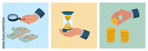 Set of businessman hands with magnifying glass, hourglasses and golden coins. Business, investment and accumulation money. Hand drawn vector illustration isolated on background, flat cartoon style.