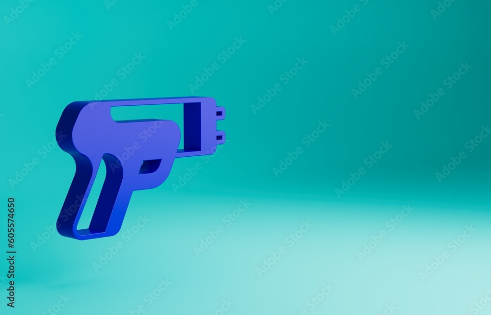 Blue Police electric shocker icon isolated on blue background. Shocker for protection. Taser is an electric weapon. Minimalism concept. 3D render illustration Blue Police electric shocker icon isolated on blue background. Shocker for protection. Taser is an electric weapon. Minimalism concept. 3D render illustration