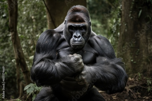 gorilla with its hands on its hips  displaying its powerful muscles  created with generative ai