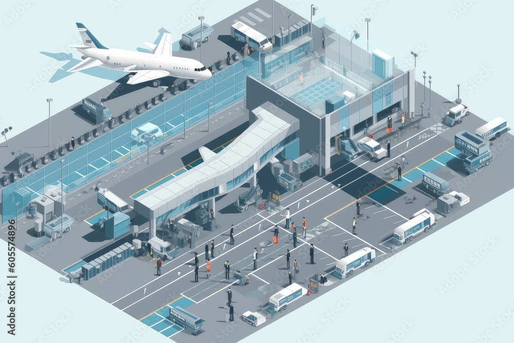 isometric view of bustling airport, with planes and people in motion, created with generative ai - obrazy, fototapety, plakaty 