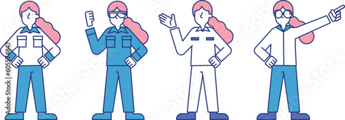 作業着を着用した女性のイラストセットU