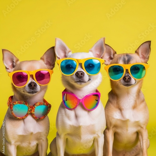 Fashionable Chihuahuas Rocking Colorful Sunglasses. Generative AI ©  Creative_studio