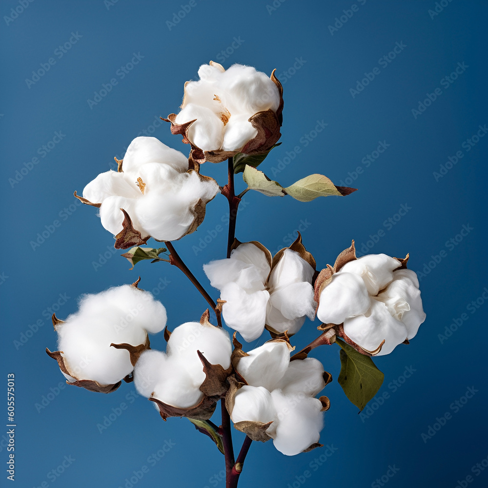 Cotton branch on a blue background. Generative AI Cotton branch on a blue background. Generative AI
