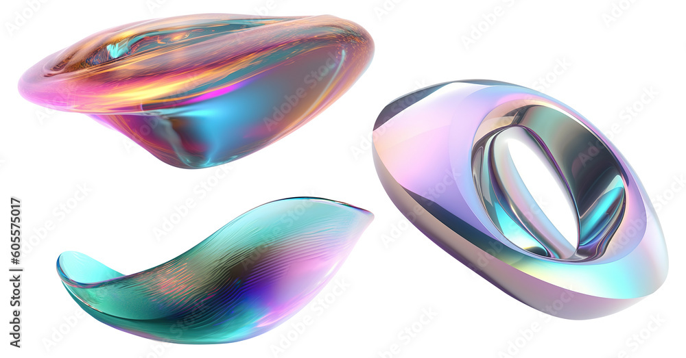Fototapeta premium Set of abstract multicolor shapes on transparent background. Metallic holographic color. Trendy and futuristic design elements as PNG. Iridescent cut out objects. Generative AI
