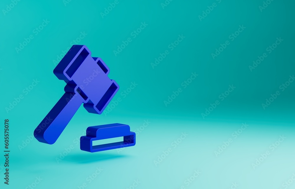Blue Judge gavel icon isolated on blue background. Gavel for adjudication of sentences and bills, court, justice. Auction hammer. Minimalism concept. 3D render illustration Blue Judge gavel icon isolated on blue background. Gavel for adjudication of sentences and bills, court, justice. Auction hammer. Minimalism concept. 3D render illustration