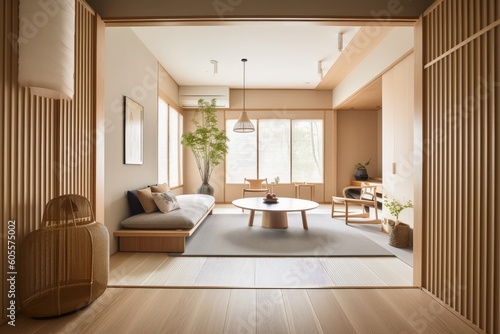 modern japanese style interior with sleek and minimalist furniture, natural materials, and pops of color, created with generative ai